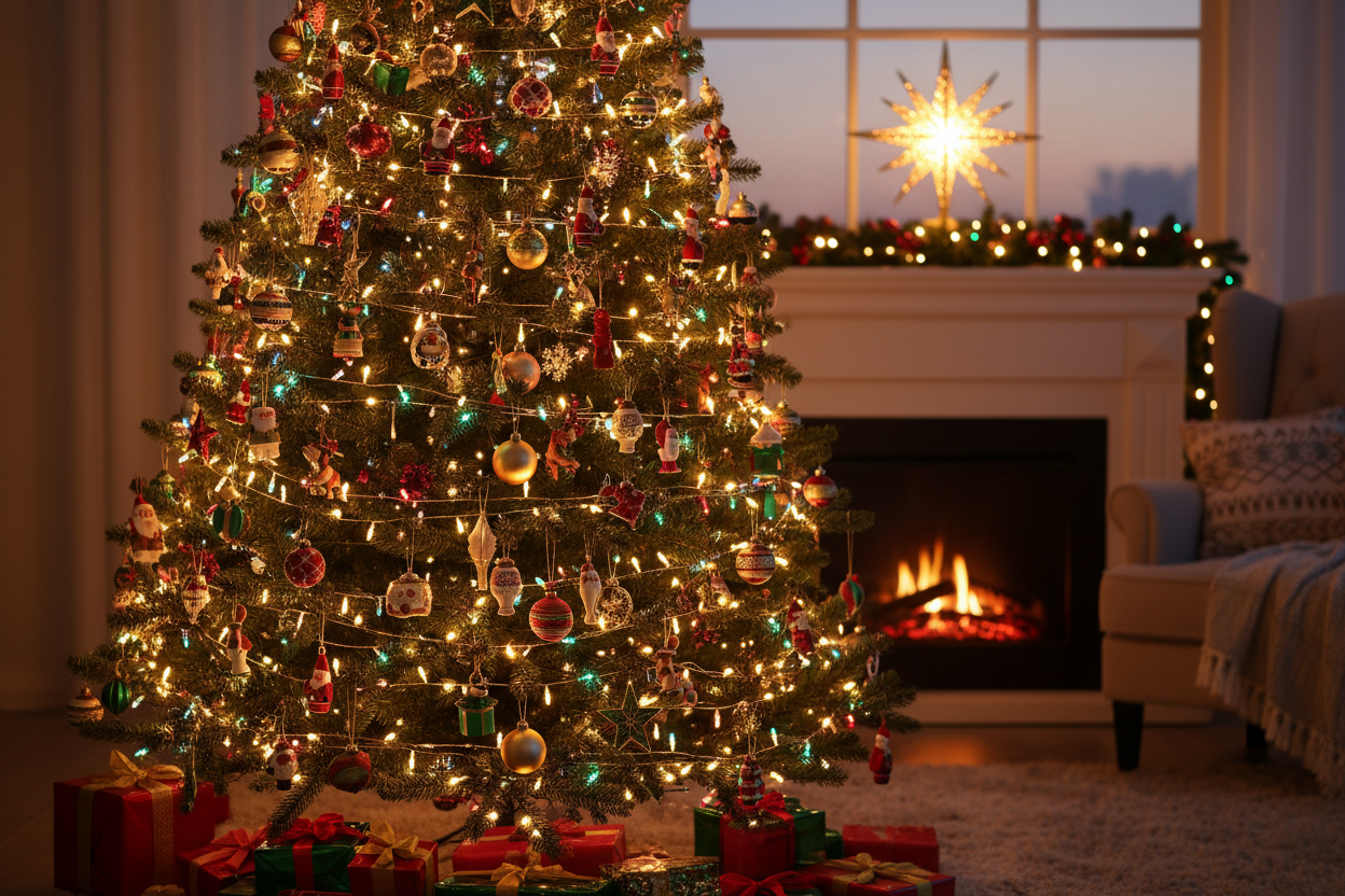 yılbaşı ağaçları ışıklarıyla süslenmiş bir görsel hoş durabilir.